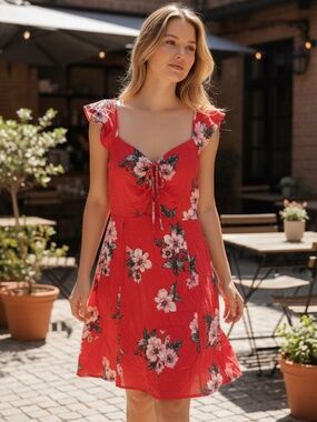 Xhilaration Target Red Floral Mini Dress Cutout Smocked Back Medium NWT